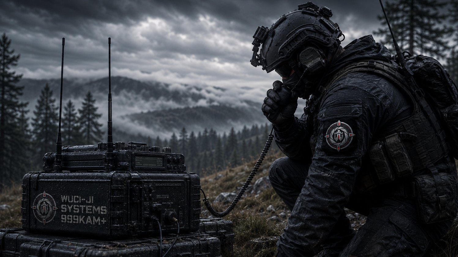 Wuci-Ji Systems field communications scene with a radio unit and operator in a mountain forest