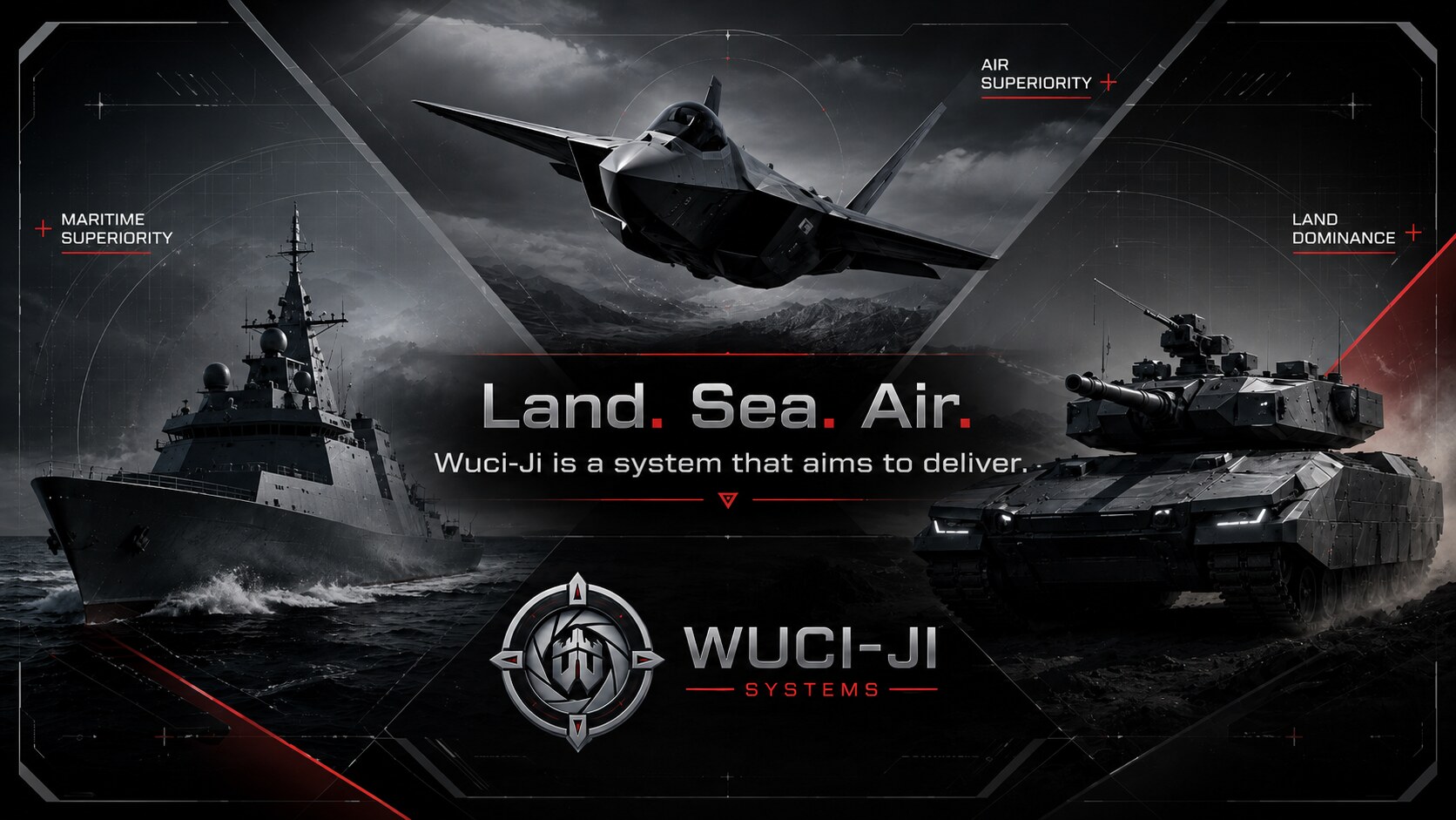 Wuci-Ji Systems wide scene showing ship, aircraft, and armored vehicle across sea, air, and land