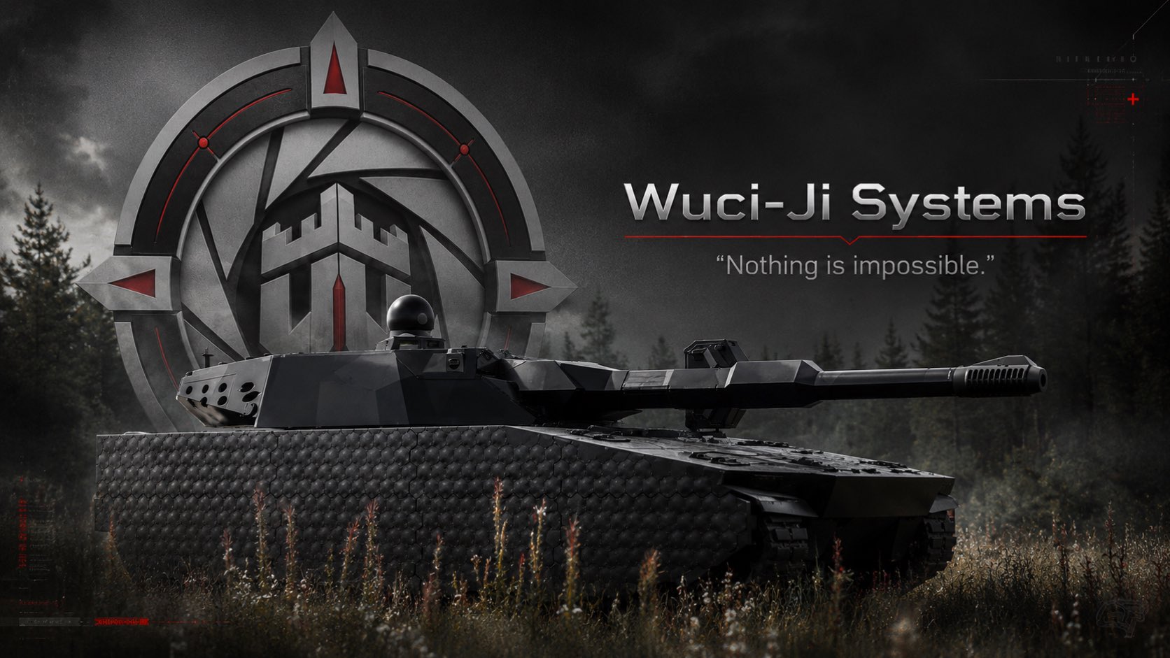 Wuci-Ji Systems field scene with the official emblem and armored vehicle in a dark forest